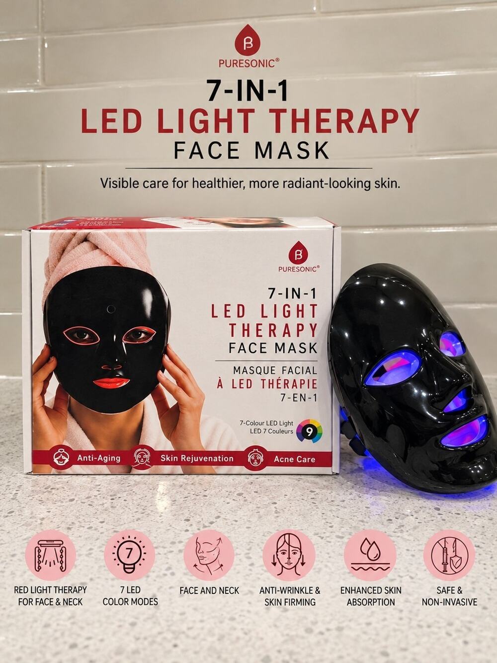 PureSonic 7-in-1 LED Light Therapy Face Mask 7 Color Anti-Aging Acne Skincare